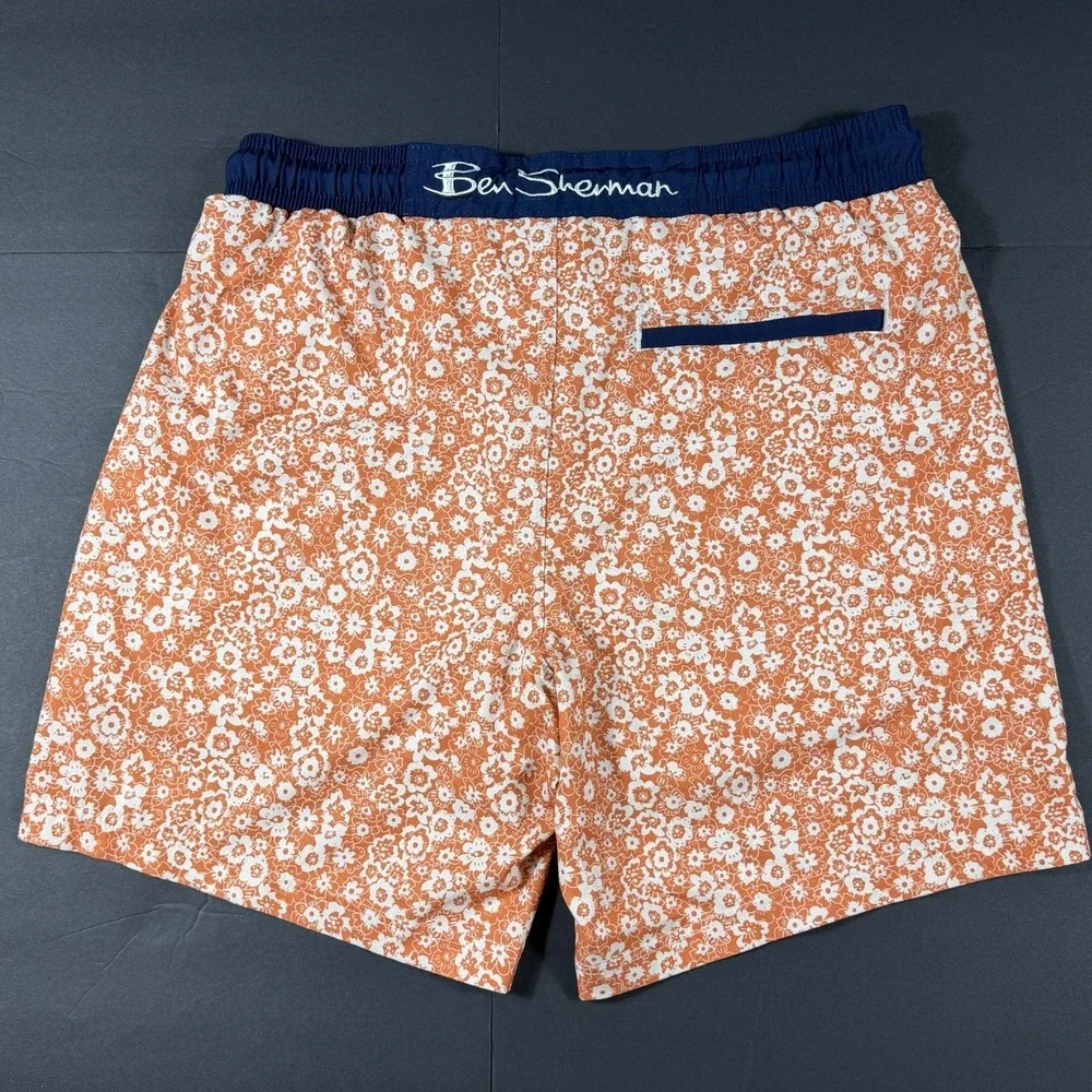 Ben Sherman Mens Floral Swim Trunks Orange Navy Blue Board Shorts Size Medium